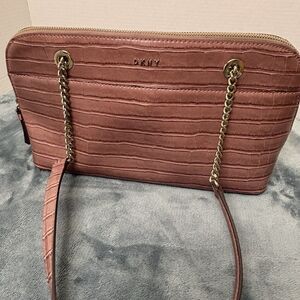DKNY Bryant Top Zip Park Dome Shoulder Bag- Antiqued Rose (Pink) Faux Croc